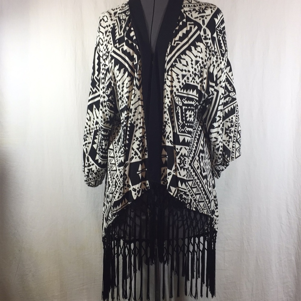 Black & White Geometric Fringe Open Front Kimono Top
